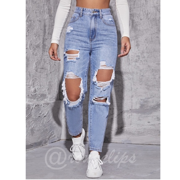 Rouge! Denim - Light Wash Blue Jeans Distressed Ripped High Waist Raw Hem